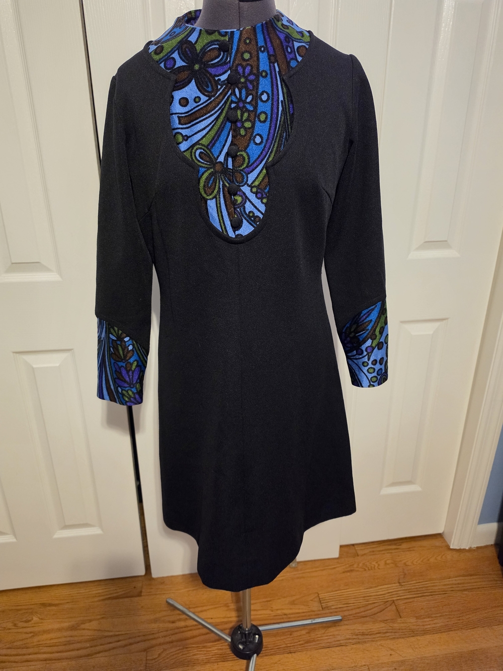 Vintage Mod Black Dress with Blue Floral Trim